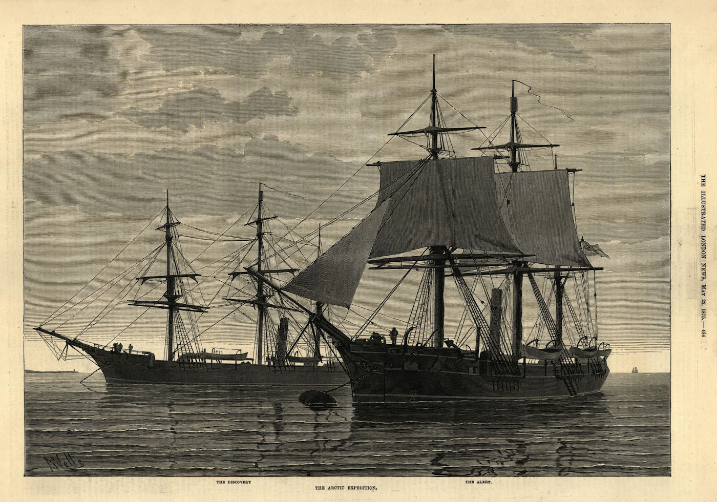 The Arctic Expedition - the Discovery - the Alert. Ships 1875 old print
